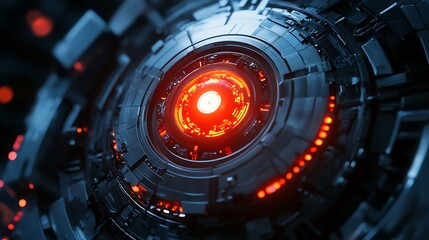 A close-up of a futuristic, glowing circular device with intricate metallic details.