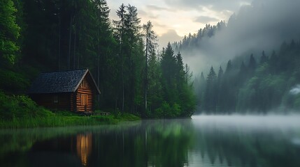Fototapeta premium Serene lakeside cabin surrounded by misty forests and tranquil waters at dawn.