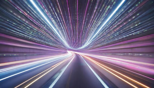 Mesmerizing neon lights speed tunnel background showcasing vivid AI-generated visuals, dynamic streaks of light, and a futuristic sense of motion perfect for tech-inspired designs and