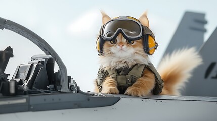Adorable Fluffy Cat Wearing Pilot Goggles and Flight Suit Sitting in a Jet Cockpit, Ready for Adventure and Fun in the Sky with a Playful Attitude