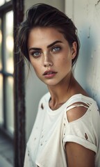 Fototapeta premium Young woman with striking blue eyes in casual torn shirt posing near window