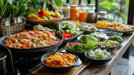 Healthy menu, fruit juices, various vegetable, breakfast, Asian cuisine. Generative AI Illustrations.