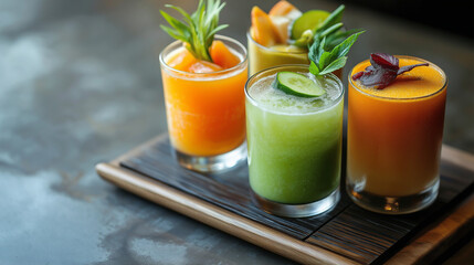 Fototapeta premium Healthy menu, fruit juices, various vegetable, breakfast, Asian cuisine. Generative AI Illustrations.