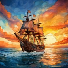 Obraz premium Dramatic sunset tones immersed fantasy image of an antiquated ship sailing through the sea., watercolor drawing color painting design
