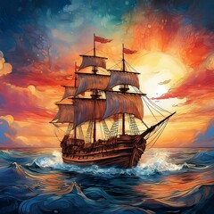 Obraz premium Dramatic sunset tones immersed fantasy image of an antiquated ship sailing through the sea., watercolor drawing color painting design