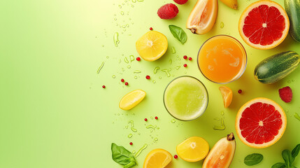 Naklejka premium Healthy menu, fruit juices, various vegetable, breakfast, Asian cuisine. Generative AI Illustrations.