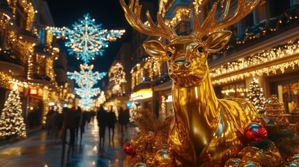 Obraz premium Golden reindeer statue in a festive Christmas street.