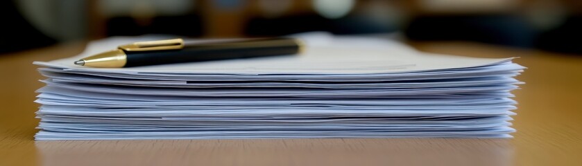 Organized workspace stack of papers and pen ready for note-taking and task management
