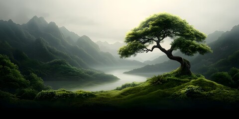 Obraz premium Serene Surreal Landscape with Towering Ancient Trees and Shimmering Crystalline Lake Verdant rolling hills and valleys blanketed in lush meadows exotic alien flora in brilliant hues