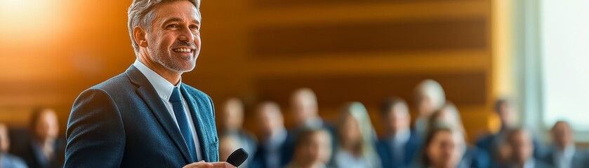 Dynamic speaker inspires and motivates a large audience during a captivating presentation in a professional conference setting
