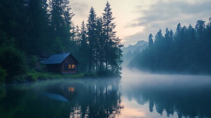 Fototapeta premium A serene lakeside scene with a cabin surrounded by misty trees at dawn.
