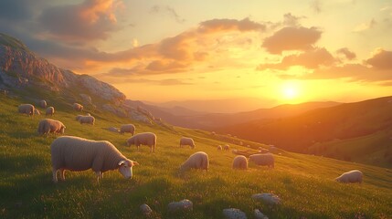 Obraz premium Serene landscape at sunset with grazing sheep in a lush green meadow.