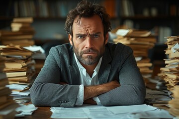 Fototapeta premium A scowling employee sits at his desk, frowning, arms crossed. Generative AI