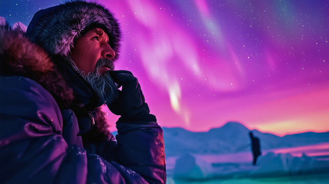 An Inuit elder dressed in traditional fur-lined clothing, standing by a fishing hole on a frozen lake under a vivid northern lights display. - Powered by Adobe