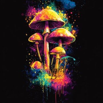 Vibrant digital art of colorful mushrooms with splashes of paint on a black background, ideal for creative projects, posters, or backgrounds,