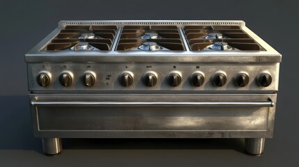 Obraz premium Stainless steel cooking range with multiple burners.