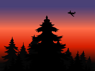 An airplane flies over the sunset forest background nature design