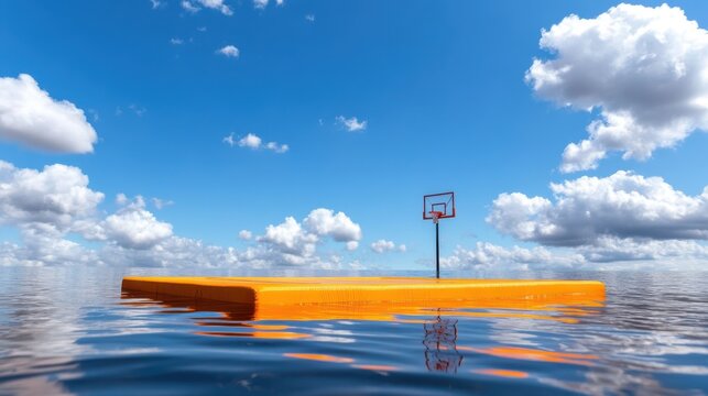 A solitary basketball hoop stands on a floating platform amidst open water, under a vast, cloud-dappled sky, suggesting freedom and unrestrained possibilities.