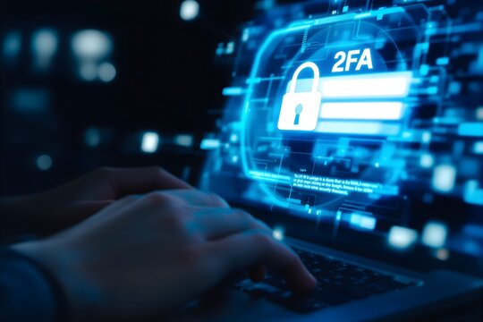 Cybersecurity and Privacy Protection Concept. Two-factor authentication (2FA) displayed on a laptop screen, highlighting enhanced security and data protection