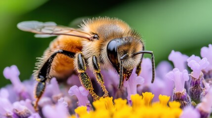 Macro photography captures a bee engaged in gathering pollen from golden flower, portraying the crucial role pollinators play in sustaining our ecosystems' biodiversity.