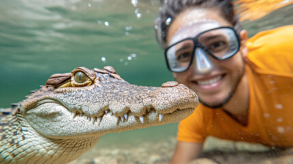 Obraz premium The experience of crocodile diving in the river is a thrilling adventure that allows you to get up close and personal with these powerful creatures as you observe their natural behavior and agile move