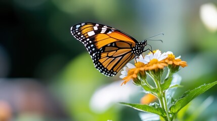 Obraz premium A striking orange butterfly rests gracefully on a white flower, captured in sharp focus, against a beautifully blurred background of greenery and sunshine.