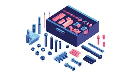 Obraz premium Isometric Illustration of Assorted Metal Fasteners and Parts in a Toolbox