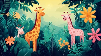 Obraz premium Vibrant colors during daylight hours. A vibrant illustration of two giraffes, one spotted and one pink, alongside a cute animal in a lush, colorful jungle setting.