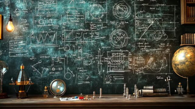 This image presents a chalkboard covered in complex physics formulas and diagrams, representing scientific thought, education, and intellectual exploration 4K Video
