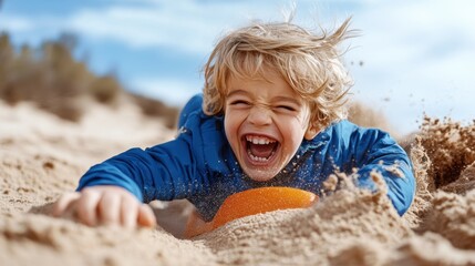 A boy with blond hair laughs heartily while playing in the sand on a sunny beach day, reflecting the pure joy and liveliness of childhood experiences.