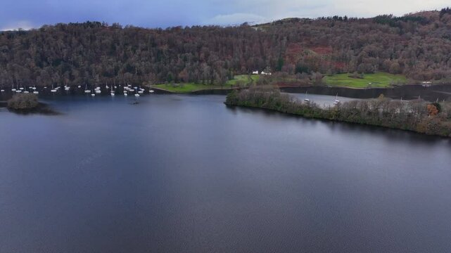 Aerial video of autumnal landscape of Windermire - UK 