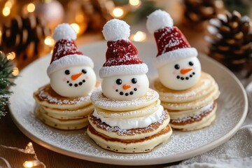 Fototapeta premium A plate of fluffy pancakes decorated to look like snowmen