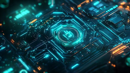 A futuristic, glowing circuit board design with intricate patterns and vibrant colors.