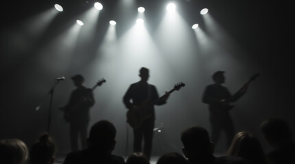 Abstract stage with musicians: blurred shapes, spotlight glow, and an enthusiastic audience