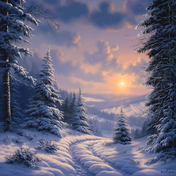 Snowy winter evening paceful landscape.