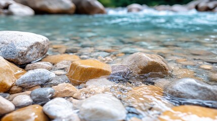 Obraz premium A tranquil stream flows over a bed of smooth, multicolored stones, with crystal-clear waters reflecting the serene beauty and calming essence of nature.