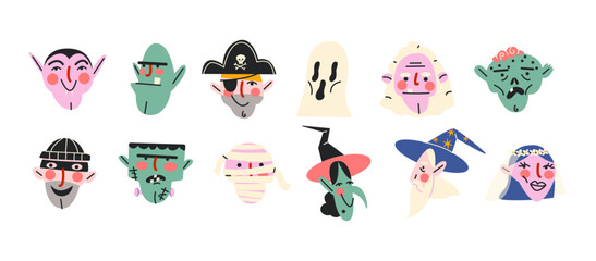 Fototapeta premium Cartoon faces of halloween and fantasy characters. Vampire, pirate, ghost, goblin, thief, Frankenstein, mummy, witch, wizard, elf. Doodle funky avatars comics heads. Vector illustration