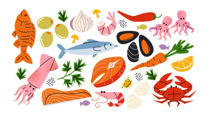 Set of seafood and gourmet sea food. Cartoon shrimps, fish, salmon, squid, mussels oysters and ingredients for cooking, food products. Healthy food delicacies, vitamins, vector stickers © Limpreom