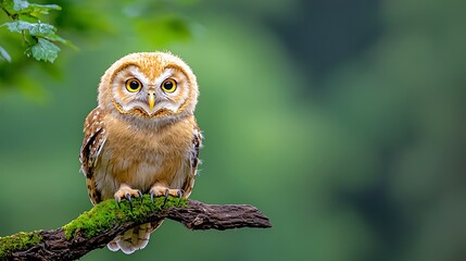 A wise owl with piercing yellow eyes sits serenely on a gnarled, moss covered branch, its feathers blending seamlessly with the lush green surroundings.