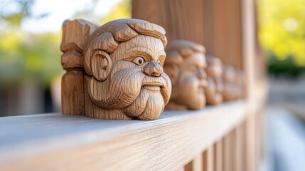 A series of charming wooden sculpture faces, depicting smiling expressions lined up on a railing, highlighting the progression and consistency in woodwork art.