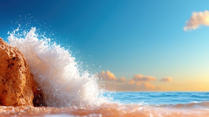 A luminous wave crashes against rocky outcrops at sunset, bathed in golden light, capturing the stunning transition from day to night in the natural world.