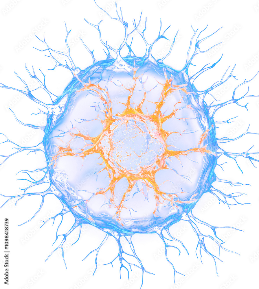 Poster a vibrant, abstract representation of a cell-like structure with intricate branching patterns and lu