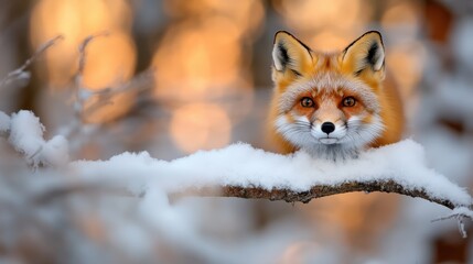 A relaxed fox reclines on a snow-covered branch, illuminated by the gentle glow of sunlight, capturing a tranquil moment in a winter forest landscape.
