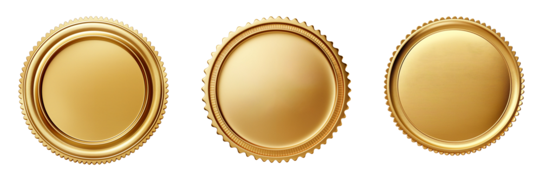 Shiny gold seal with rounded edges isolated on white background or transparent background, png clipart die-cut
