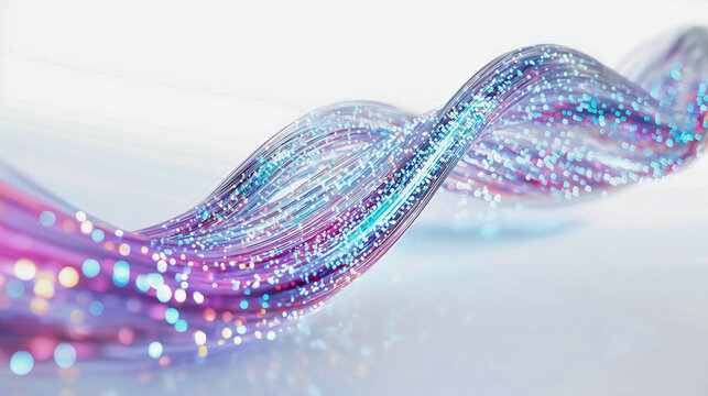 A single fiber optic cable with colorful light beams transmitting data through its transparent core, appearing futuristic and precise. 