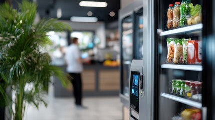 A sleek vending machine showcases an assortment of drinks and snacks inside, with a person blurred in the background, set in a contemporary, clean environment.