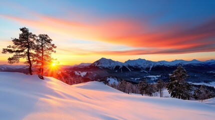 A vibrant sunset paints the sky over a snowy valley with mountains in the distance, creating a breathtaking and colorful winter scene full of contrast and beauty.