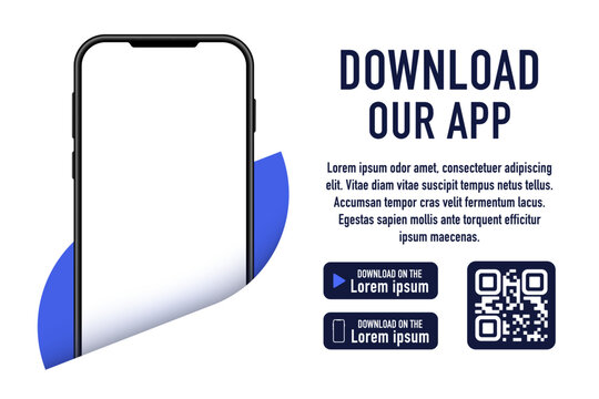 Download our new app, mobile app interface concept. App for mobile phone. Download page of the mobile app. Phone mockup template for your QR code digital technology app. Vector illustration