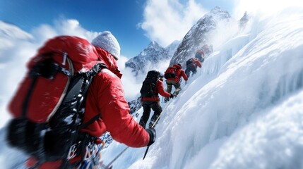 A cohesive team of climbers in bright gear, ascending a steep icy mountain, set against an expansive backdrop of snow-capped peaks and bright blue skies.