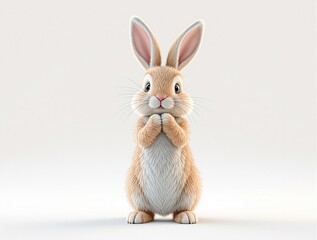 Fototapeta premium A rabbit stands on its hind legs with its front paws held together in a playful gesture, cute critter., humorous image, cartoon character